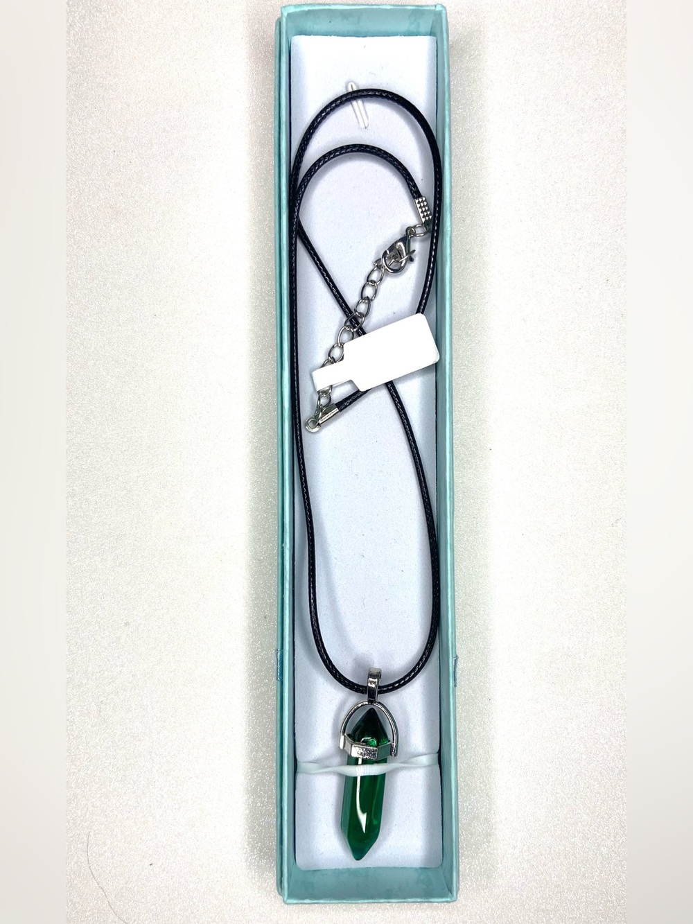 Green Crystal Pendant Necklace on Black Cord